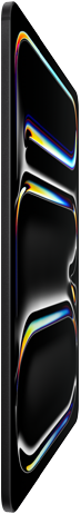 iPad Pro, Vorderseite, Farbe Space Schwarz, Aluminium‑ und Glasgehäuse, dünnes Profil, nach hinten geneigt mit Display, das mehrfarbige Linienzeichnungen zeigt